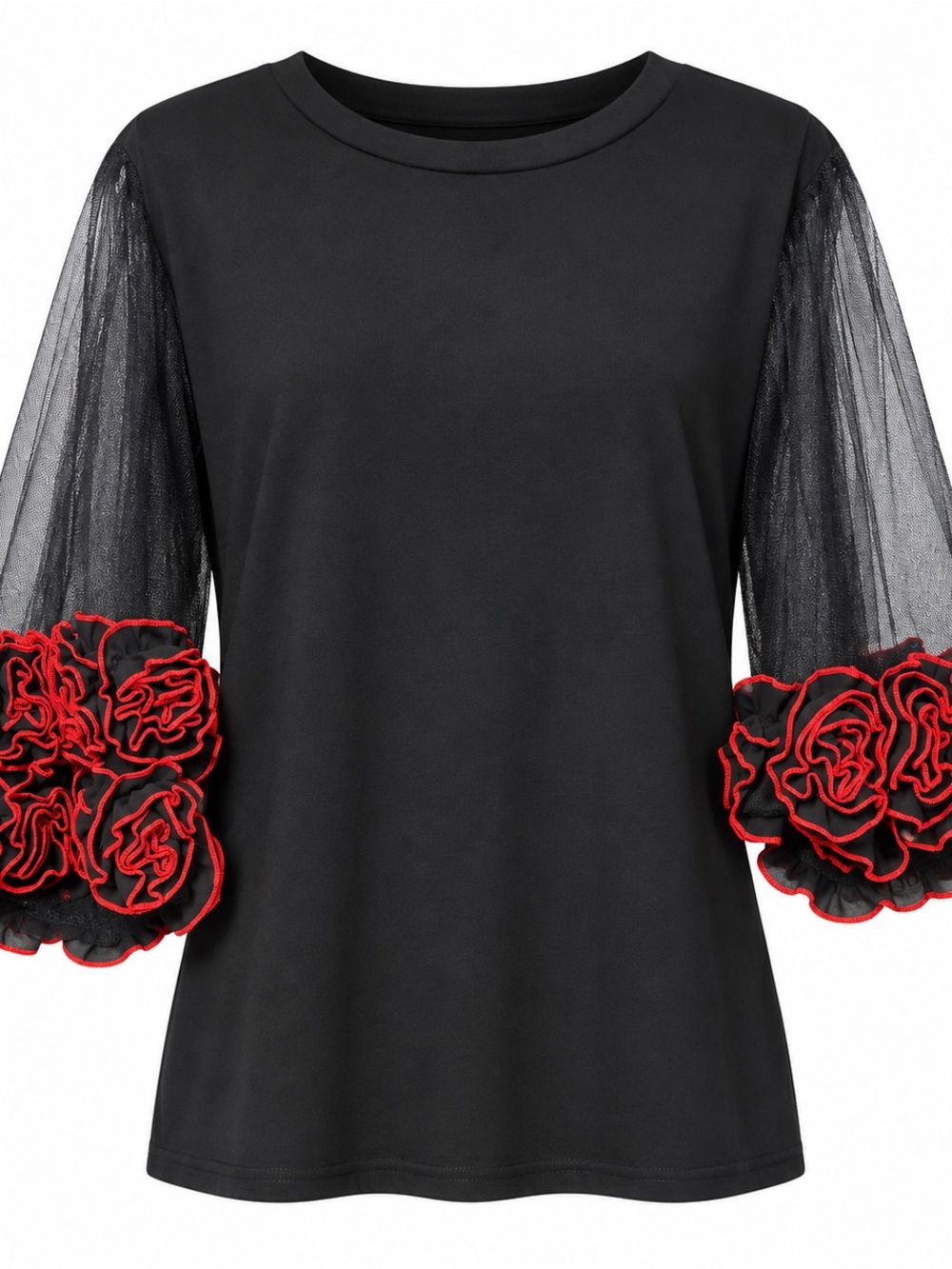Gracia Black Tee with Red Floral Ruffle Sleeves